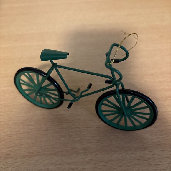 Christmas Ornament Green Metal Bicycle 4" x 5-1/2" Rider Cyclist Preowned - Picture 4 of 5